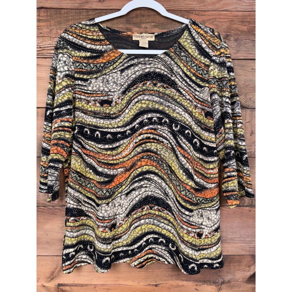 Notations Blouse Womens 1X Metallic Abstract Wave Print 3/4 Sleeve Scoop Neck